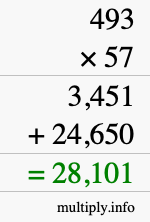 How to calculate 493 times 57 using long multiplication