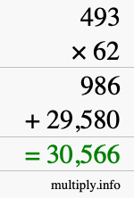 How to calculate 493 times 62 using long multiplication
