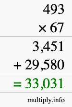 How to calculate 493 times 67 using long multiplication