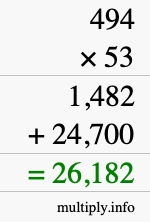 How to calculate 494 times 53 using long multiplication