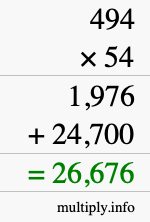 How to calculate 494 times 54 using long multiplication