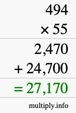 How to calculate 494 times 55 using long multiplication