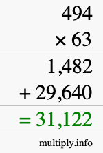 How to calculate 494 times 63 using long multiplication