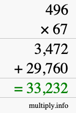 How to calculate 496 times 67 using long multiplication