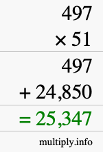 How to calculate 497 times 51 using long multiplication
