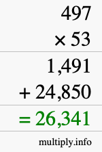 How to calculate 497 times 53 using long multiplication