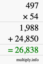 How to calculate 497 times 54 using long multiplication