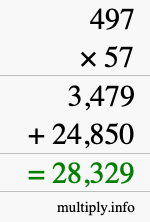 How to calculate 497 times 57 using long multiplication