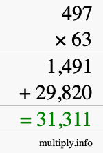 How to calculate 497 times 63 using long multiplication