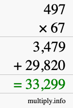 How to calculate 497 times 67 using long multiplication