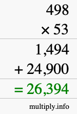 How to calculate 498 times 53 using long multiplication