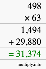 How to calculate 498 times 63 using long multiplication