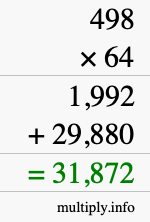 How to calculate 498 times 64 using long multiplication