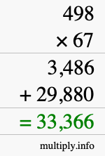 How to calculate 498 times 67 using long multiplication