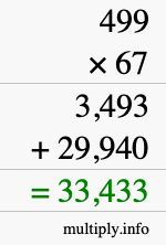 How to calculate 499 times 67 using long multiplication
