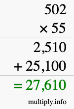 How to calculate 502 times 55 using long multiplication How to calculate 502 times 55 using long multiplication