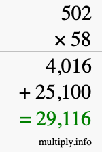How to calculate 502 times 58 using long multiplication