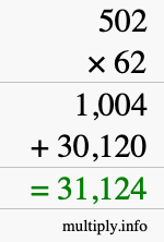 How to calculate 502 times 62 using long multiplication