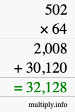 How to calculate 502 times 64 using long multiplication