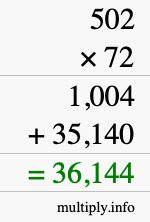 How to calculate 502 times 72 using long multiplication