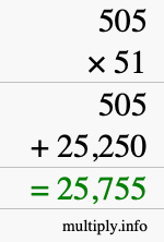 How to calculate 505 times 51 using long multiplication