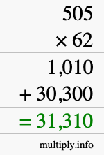 How to calculate 505 times 62 using long multiplication