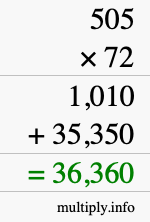 How to calculate 505 times 72 using long multiplication