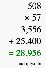 How to calculate 508 times 57 using long multiplication