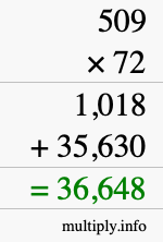How to calculate 509 times 72 using long multiplication