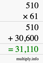 How to calculate 510 times 61 using long multiplication