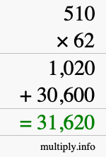 How to calculate 510 times 62 using long multiplication
