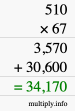 How to calculate 510 times 67 using long multiplication