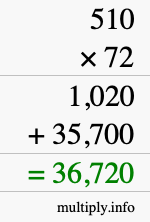 How to calculate 510 times 72 using long multiplication