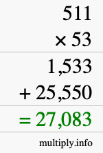 How to calculate 511 times 53 using long multiplication