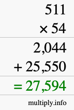 How to calculate 511 times 54 using long multiplication