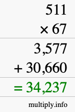 How to calculate 511 times 67 using long multiplication