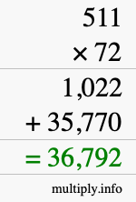 How to calculate 511 times 72 using long multiplication