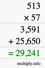 How to calculate 513 times 57 using long multiplication