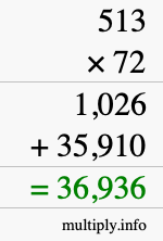 How to calculate 513 times 72 using long multiplication