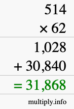 How to calculate 514 times 62 using long multiplication