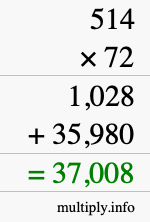 How to calculate 514 times 72 using long multiplication