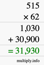 How to calculate 515 times 62 using long multiplication