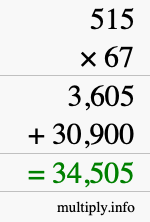 How to calculate 515 times 67 using long multiplication