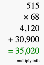 How to calculate 515 times 68 using long multiplication