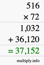 How to calculate 516 times 72 using long multiplication