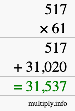 How to calculate 517 times 61 using long multiplication
