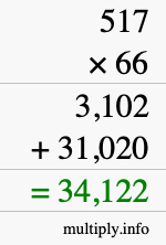 How to calculate 517 times 66 using long multiplication