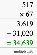 How to calculate 517 times 67 using long multiplication