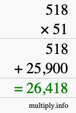 How to calculate 518 times 51 using long multiplication