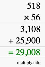 How to calculate 518 times 56 using long multiplication